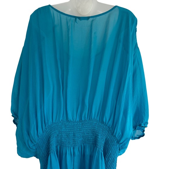 MARCIANO Silk Dolman Sleeve Smocked Waist Top Teal Blue Women Large Y2K - Picture 5 of 8